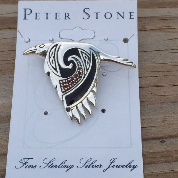 Celtic Raven Pendant solid .925 Sterling Silver w/ genuine garnets Peter Stone - Picture 5 of 8